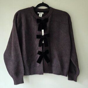 RACHEL ZOE Fuzzy Pullover Sweater w/ Black Velvet Bows | Small | Brown Crew NWT